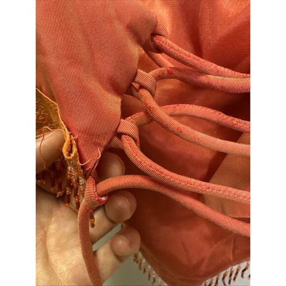 VTGY2K Niki Livas Corset Top 14 Spaghetti Strap Gold Trip Beaded Fringe Orange - Picture 4 of 9